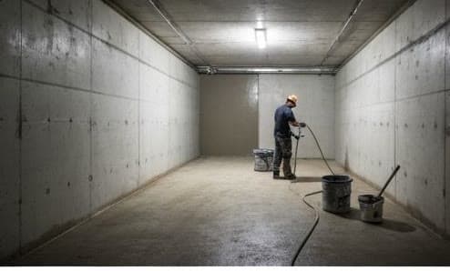 Application d'un mortier de cuvelage sur les parois d'un local enterré